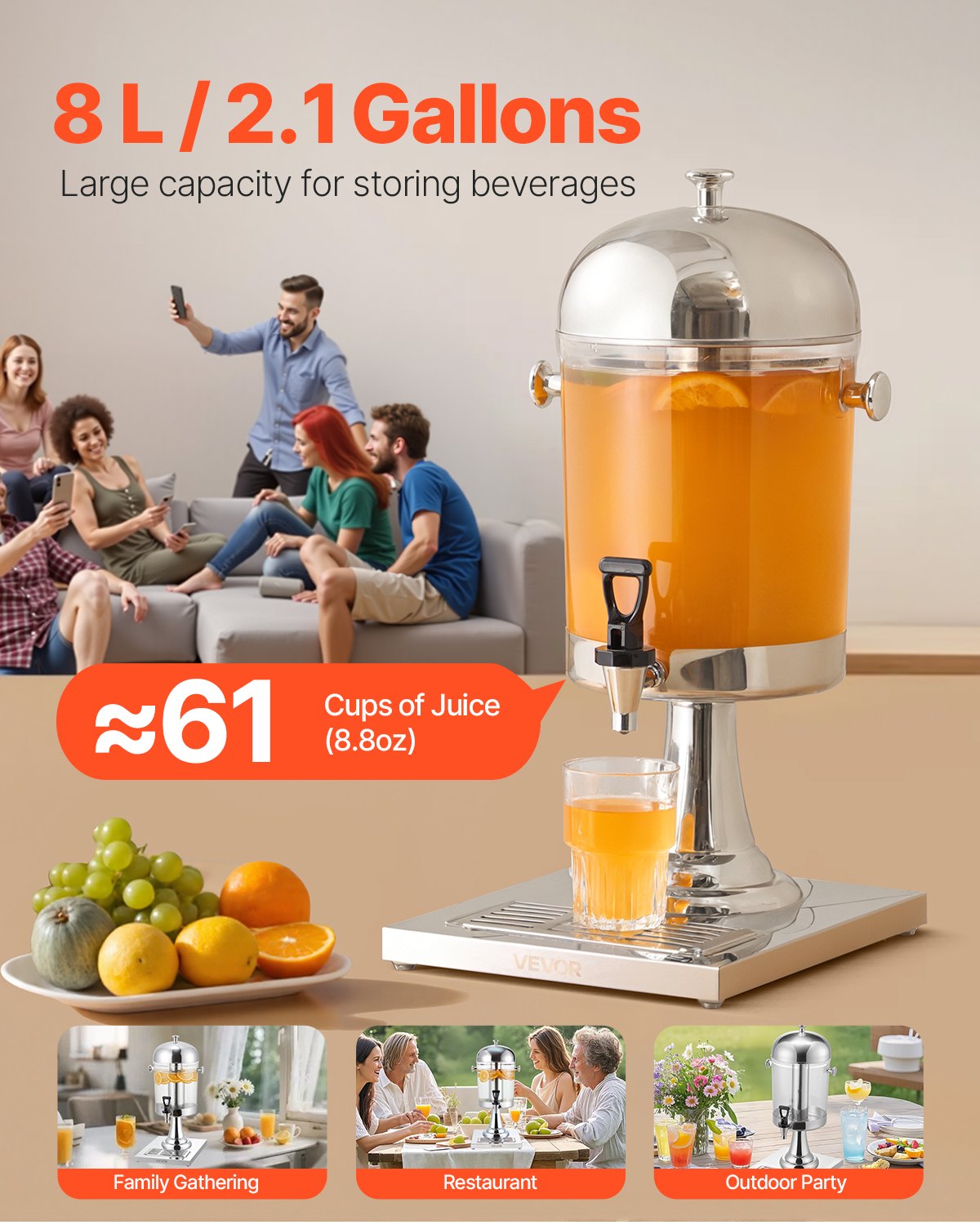 VEVOR Drankdispenser (1 x 8 L) voor Feesten Sapdispenser (gemaakt van roestvrij staal + polycarbonaat) met druppelvrije kraan en voet Waterdispenser voor Restaurants Feesten, Limonade IJsthee Dispenser