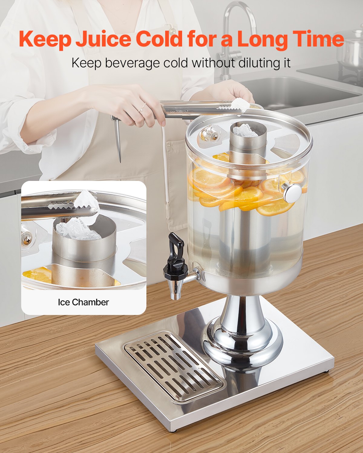 VEVOR Drankdispenser (1 x 8 L) voor Feesten Sapdispenser (gemaakt van roestvrij staal + polycarbonaat) met druppelvrije kraan en voet Waterdispenser voor Restaurants Feesten, Limonade IJsthee Dispenser