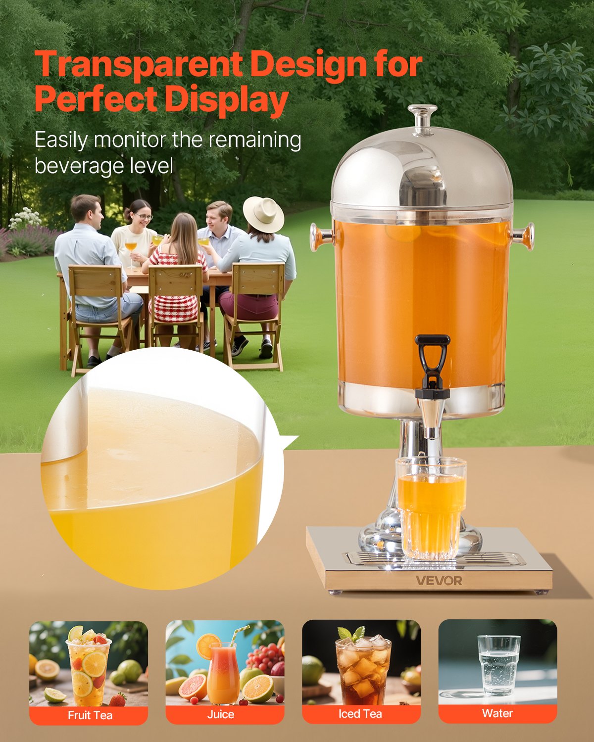 VEVOR Drankdispenser (1 x 8 L) voor Feesten Sapdispenser (gemaakt van roestvrij staal + polycarbonaat) met druppelvrije kraan en voet Waterdispenser voor Restaurants Feesten, Limonade IJsthee Dispenser