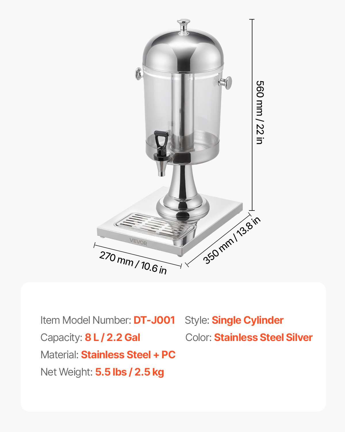 VEVOR Drankdispenser (1 x 8 L) voor Feesten Sapdispenser (gemaakt van roestvrij staal + polycarbonaat) met druppelvrije kraan en voet Waterdispenser voor Restaurants Feesten, Limonade IJsthee Dispenser