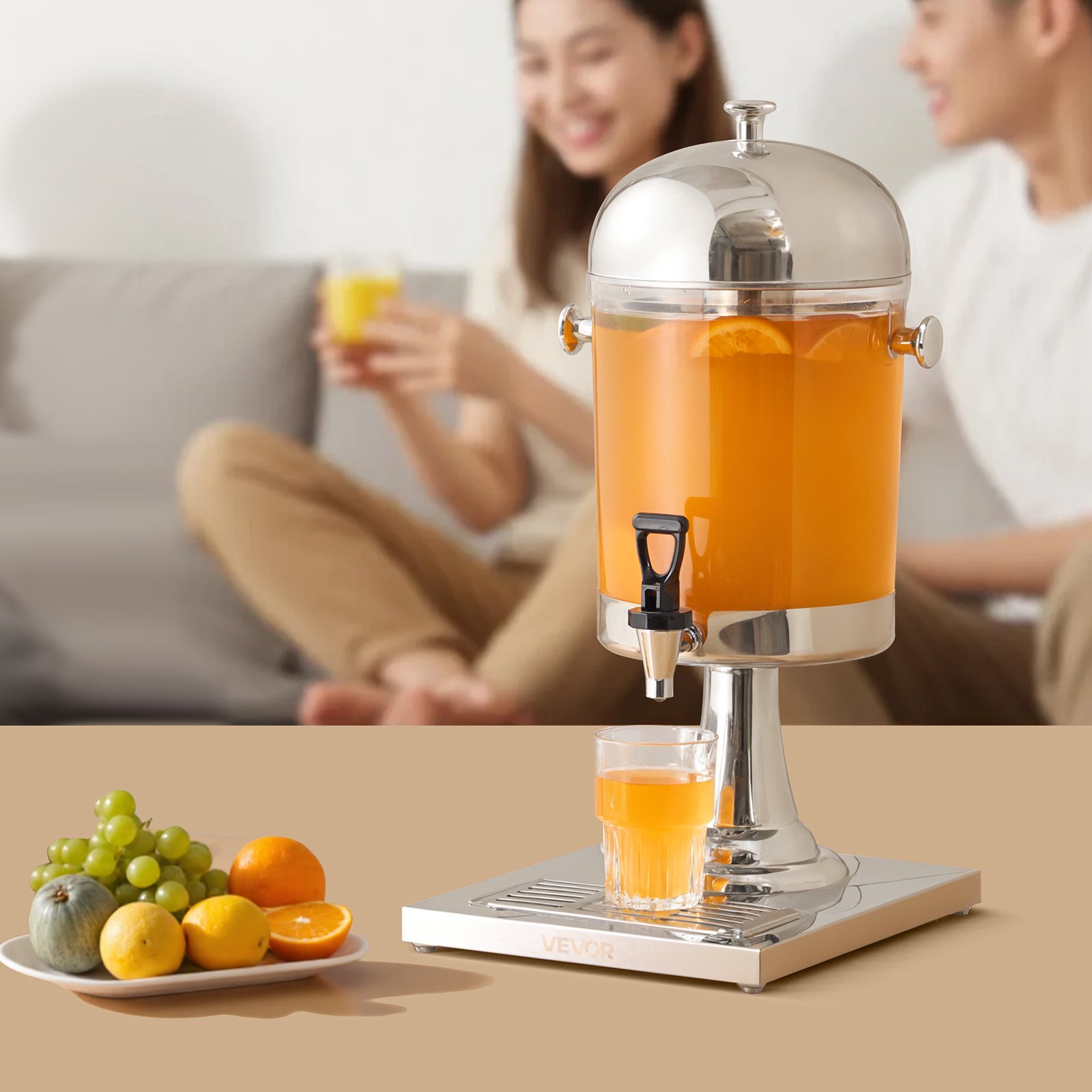 VEVOR Drankdispenser (1 x 8 L) voor Feesten Sapdispenser (gemaakt van roestvrij staal + polycarbonaat) met druppelvrije kraan en voet Waterdispenser voor Restaurants Feesten, Limonade IJsthee Dispenser