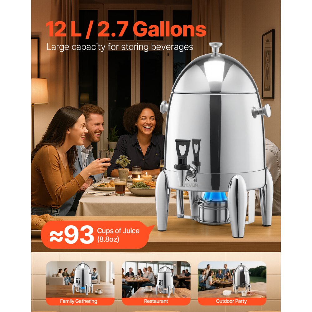 VEVOR Drankendispenser Warme drankendispenser (12 L) van roestvrij staal met alcoholbrander, koude drankendispenser met druppelvrije kraan voor koffie, thee, heet water, voor restaurants, hotels, feesten