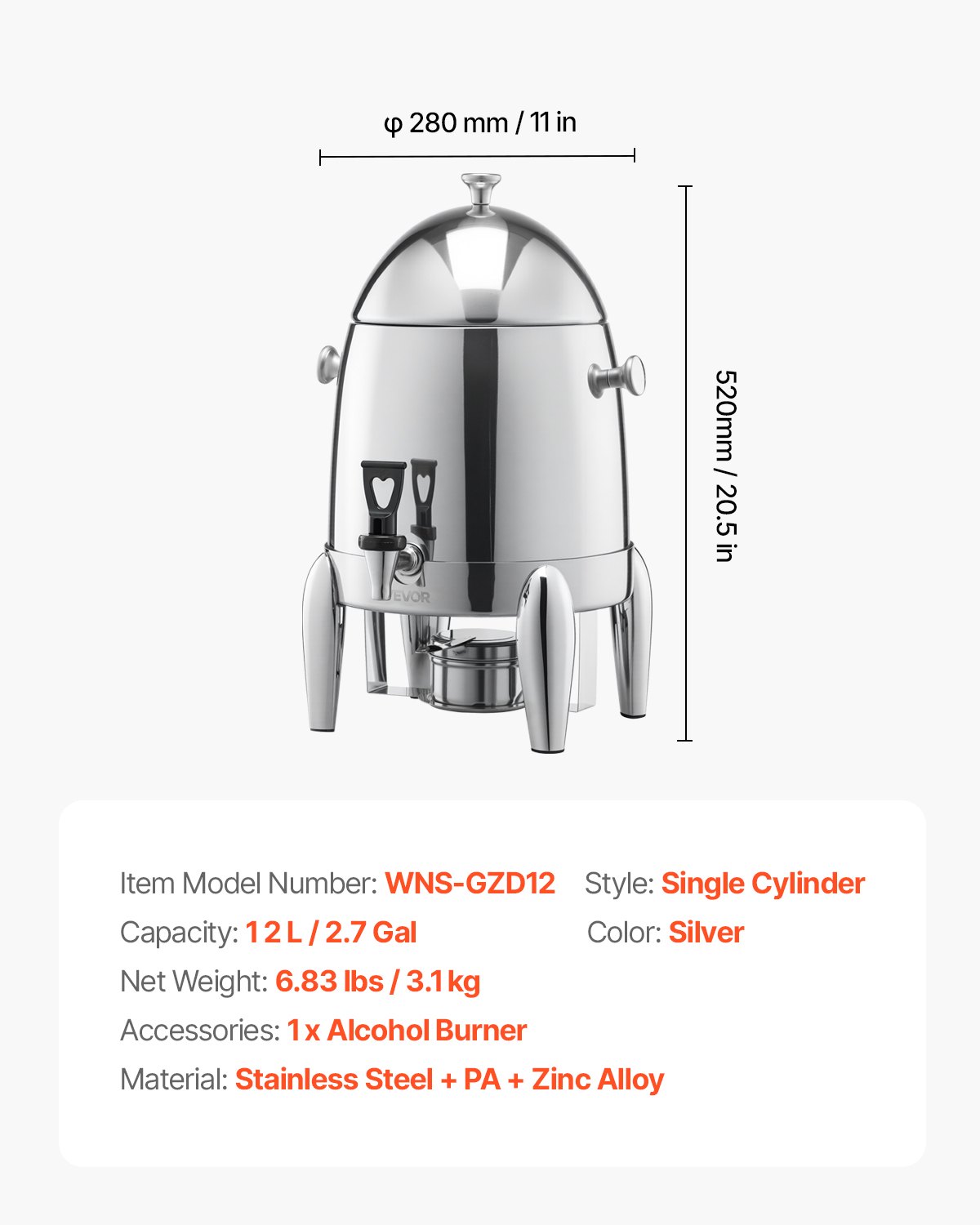 VEVOR Stainless Steel Beverage Dispenser, 12L Drink Dispenser  with Alcohol Burner, Hot & Cold Drink Dispensers for Coffee Tea Hot Water, with Spigot Ice Tube, for Restaurants, Hotels, Parties