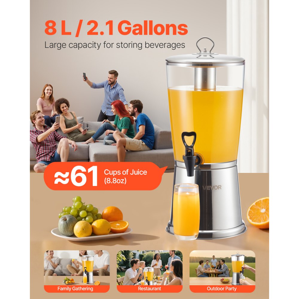 VEVOR Drankdispenser (1 x 8 L) voor Feesten Sapdispenser (gemaakt van roestvrij staal + kunststof) met druppelvrije kraan Waterdispenser voor Restaurants Feesten, Limonade IJsthee Zelfgemaakte Drankdispenser