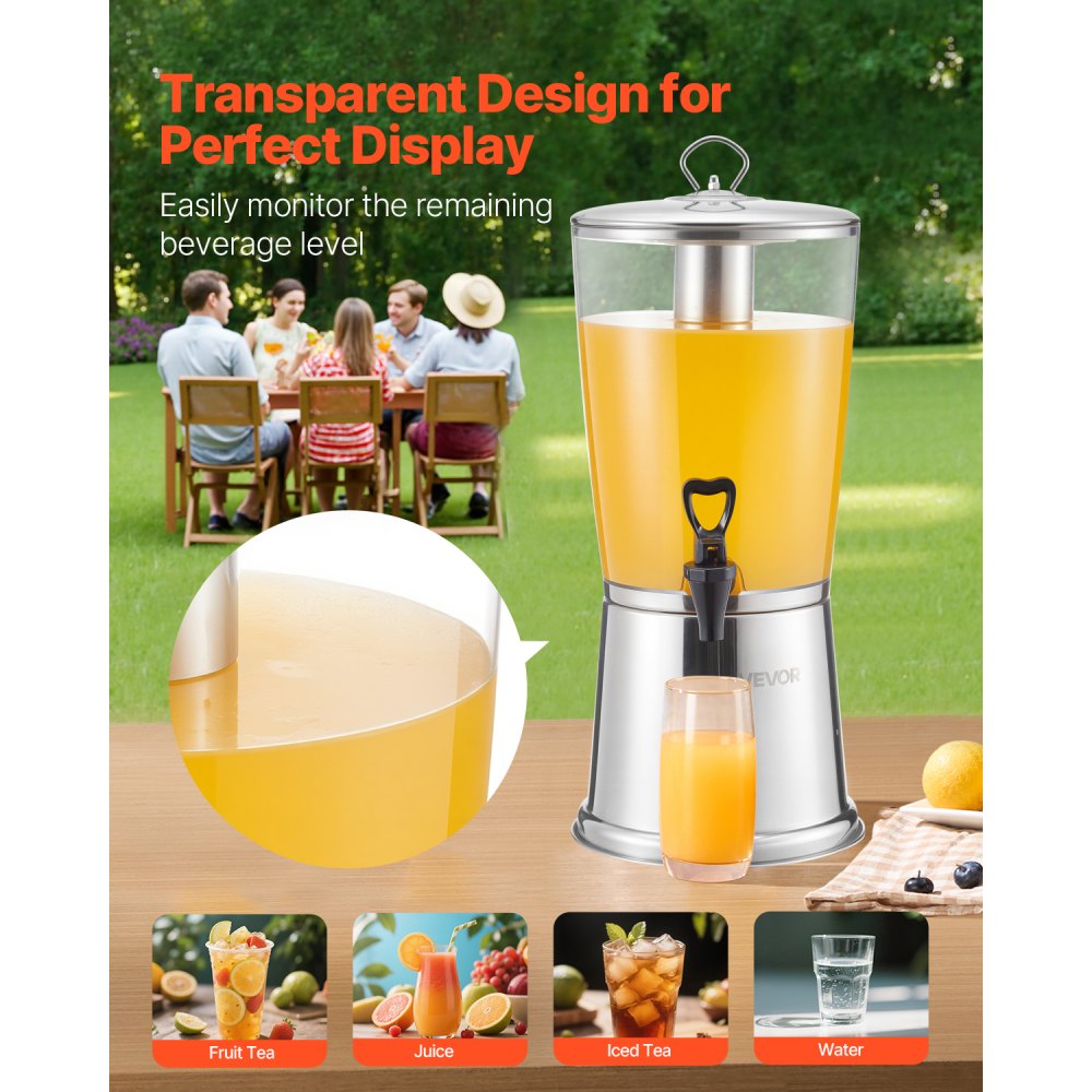 VEVOR Drankdispenser (1 x 8 L) voor Feesten Sapdispenser (gemaakt van roestvrij staal + kunststof) met druppelvrije kraan Waterdispenser voor Restaurants Feesten, Limonade IJsthee Zelfgemaakte Drankdispenser