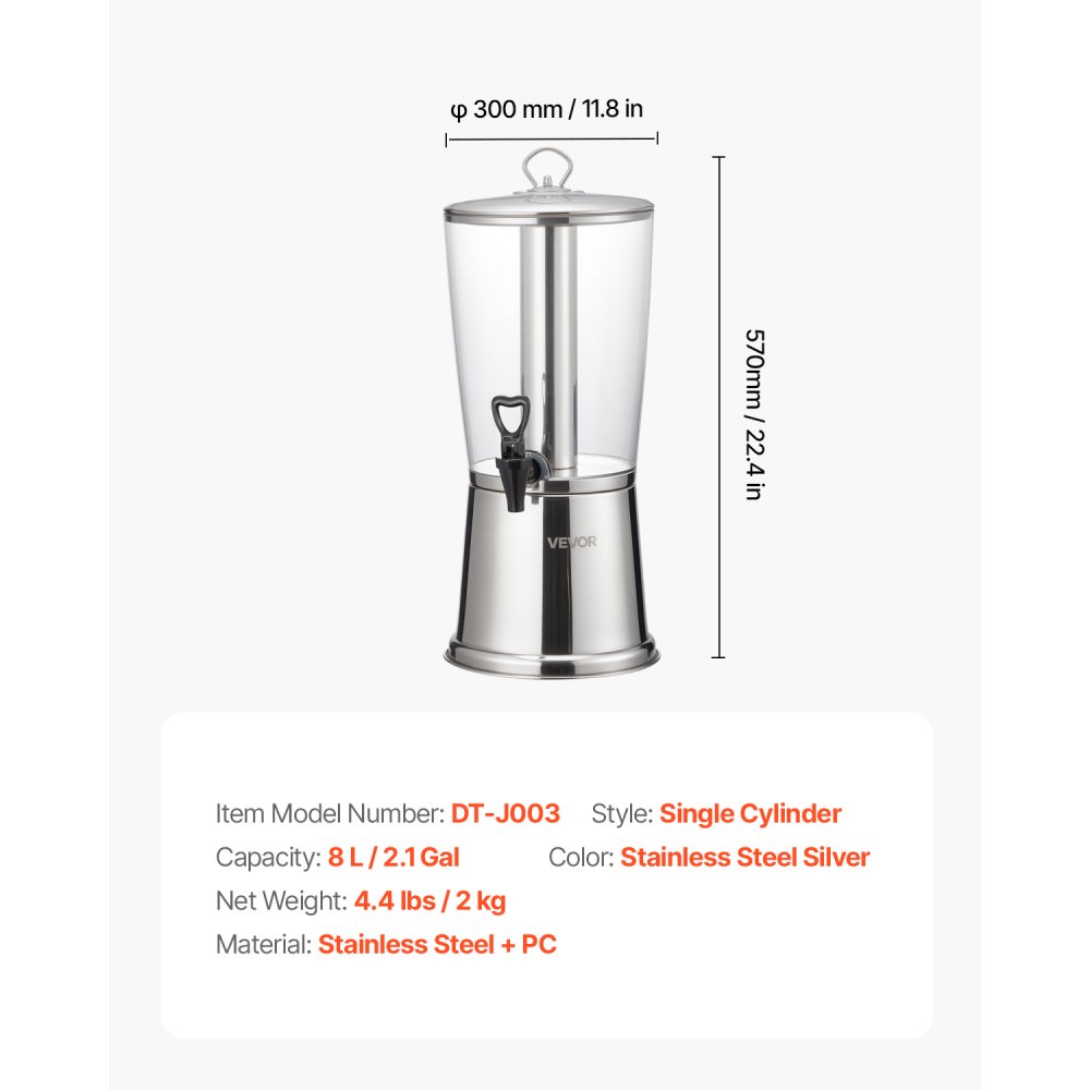 VEVOR Drankdispenser (1 x 8 L) voor Feesten Sapdispenser (gemaakt van roestvrij staal + kunststof) met druppelvrije kraan Waterdispenser voor Restaurants Feesten, Limonade IJsthee Zelfgemaakte Drankdispenser