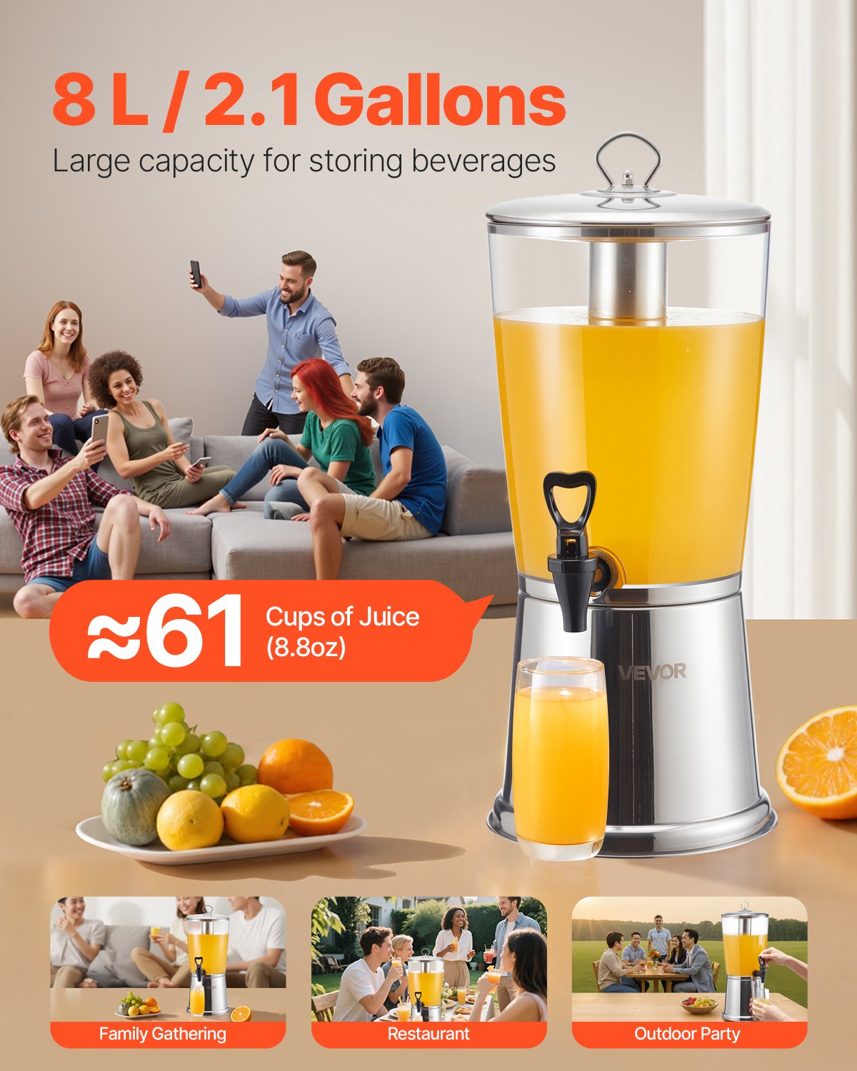 VEVOR Drankdispenser (1 x 8 L) voor Feesten Sapdispenser (gemaakt van roestvrij staal + kunststof) met druppelvrije kraan Waterdispenser voor Restaurants Feesten, Limonade IJsthee Zelfgemaakte Drankdispenser