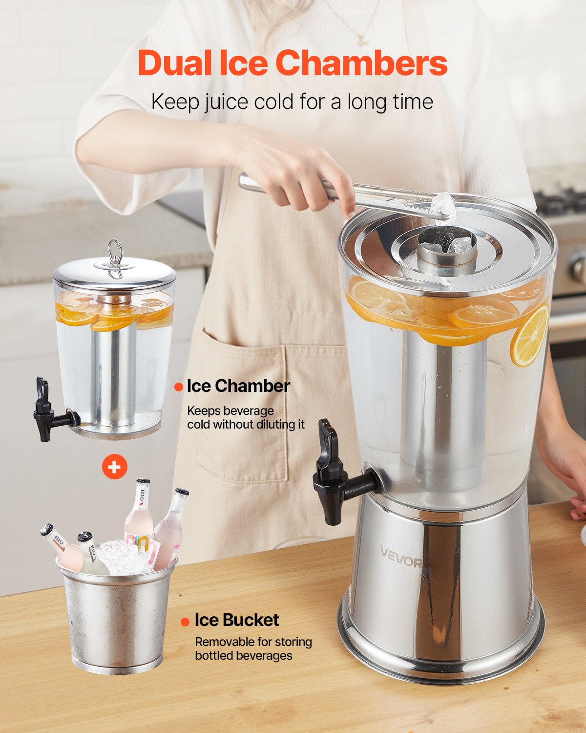 VEVOR Drankdispenser (1 x 8 L) voor Feesten Sapdispenser (gemaakt van roestvrij staal + kunststof) met druppelvrije kraan Waterdispenser voor Restaurants Feesten, Limonade IJsthee Zelfgemaakte Drankdispenser