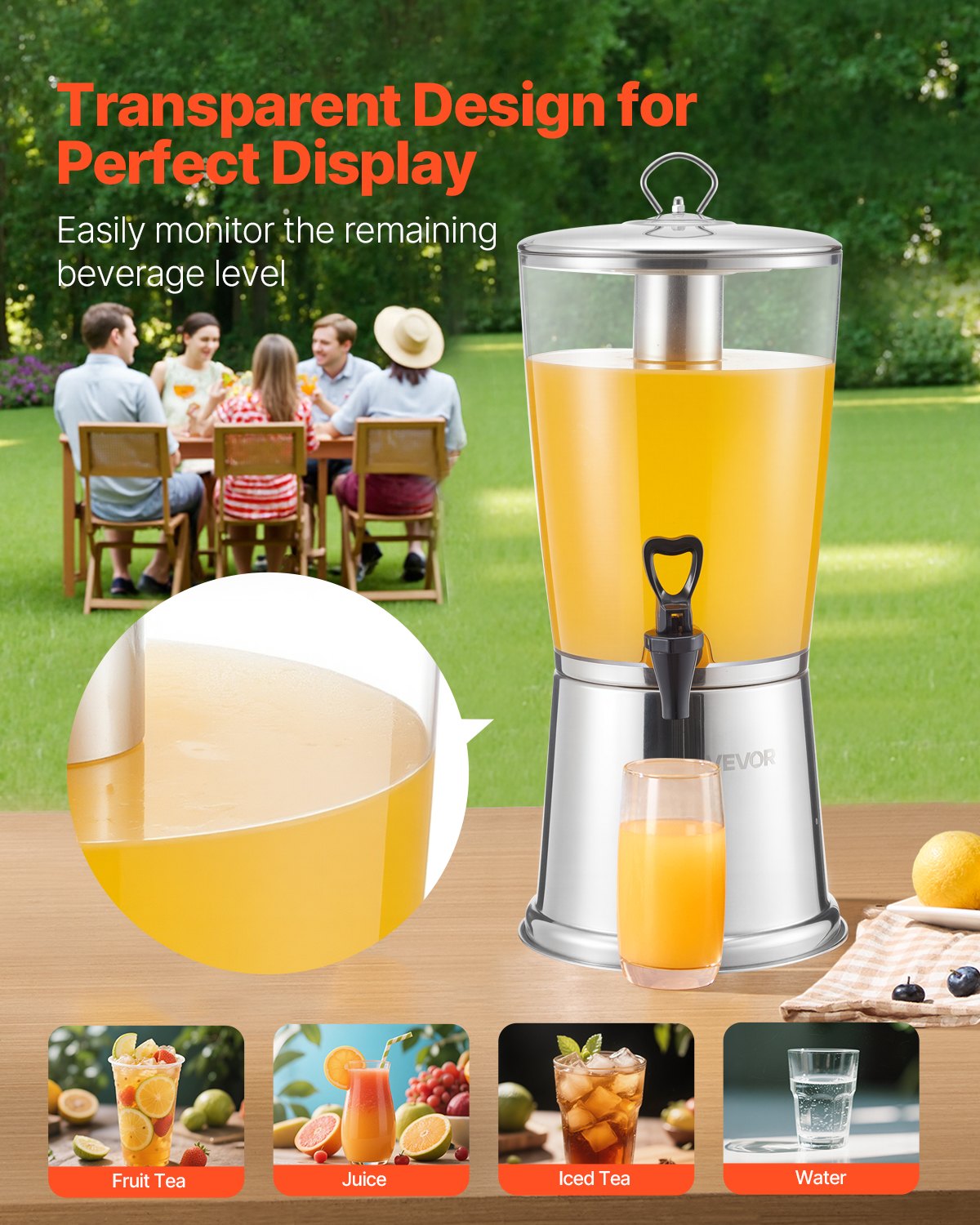 VEVOR Drankdispenser (1 x 8 L) voor Feesten Sapdispenser (gemaakt van roestvrij staal + kunststof) met druppelvrije kraan Waterdispenser voor Restaurants Feesten, Limonade IJsthee Zelfgemaakte Drankdispenser