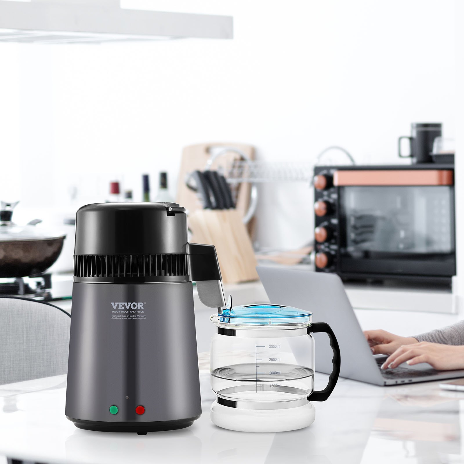 VEVOR Waterdestilleerder Waterdestilleerder, 4 L Zuiverwaterfilter voor op het aanrecht, 750 W Gedistilleerdwatermaker Grijs, Roestvrijstalen Binnenzijde Destilleerder Watermachine, 1 L per uur.