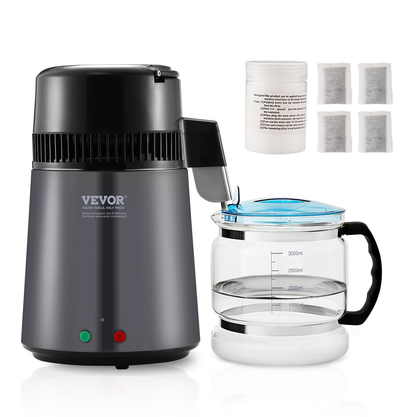VEVOR Waterdestilleerder Waterdestilleerder, 4 L Zuiverwaterfilter voor op het aanrecht, 750 W Gedistilleerdwatermaker Grijs, Roestvrijstalen Binnenzijde Destilleerder Watermachine, 1 L per uur.