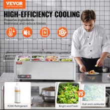 VEVOR Refrigerated Condiment Station, 145W Countertop Refrigerated Condiment Station with Pans, 304 Stainless Steel Body and PC Lid, Sandwich Prep Table with Stainless Steel Guard, CE