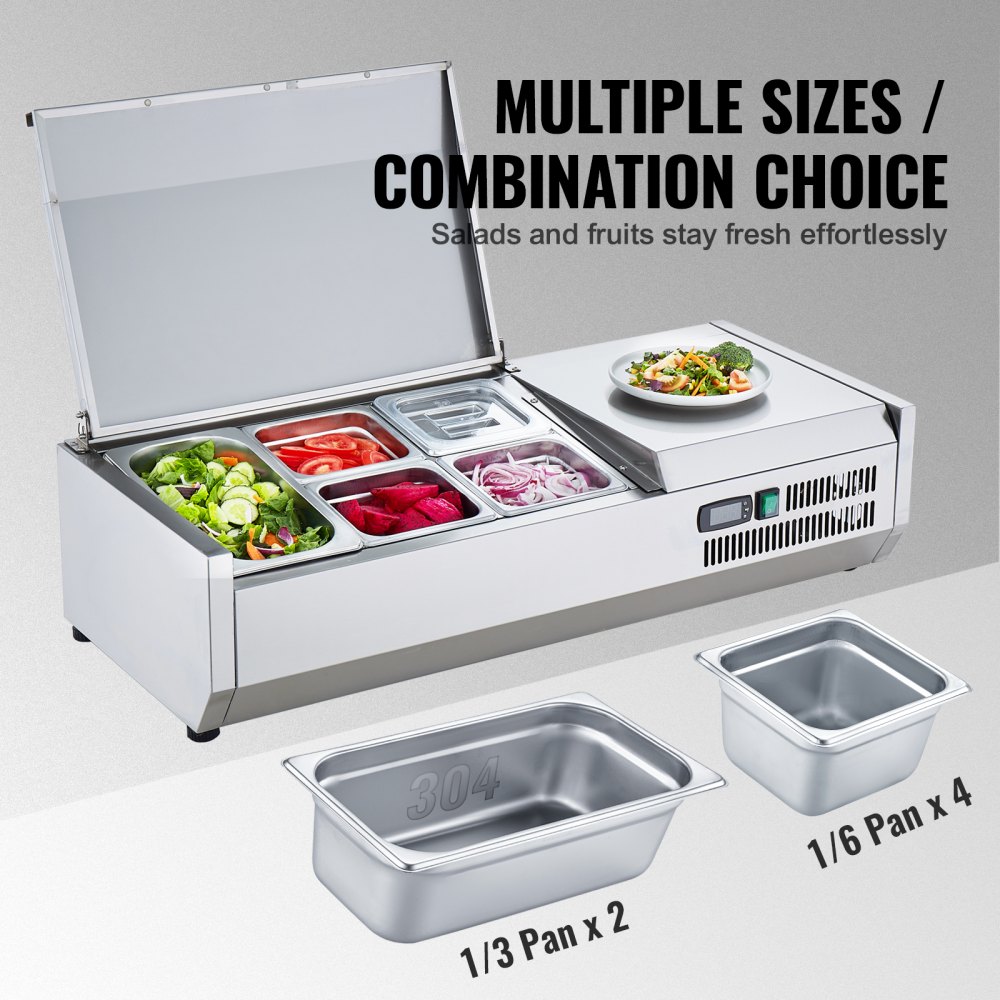 VEVOR Refrigerated Condiment Prep Station, 140 W Countertop Refrigerated Condiment Station, with 1 1/3 Pan & 4 1/6 Pans, 304 Stainless Body and PC Lid, Sandwich Prep Table with Stainless Guard, CE
