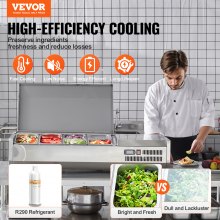 VEVOR Countertop Refrigerated Condiment Station, Prep Station with 2 x 1/3 Pan & 4 & 1/6 Pans, 304 Stainless Steel Body and PC Lid, Sandwich Prep Table with Stainless Steel Guard