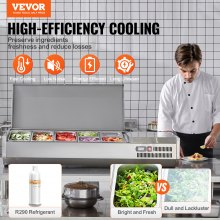 VEVOR Countertop Refrigerated Condiment Station, Prep Station with 3 x 1/3 Pan & 4 x 1/6 Pans, 304 Stainless Steel Body and PC Lid, Sandwich Prep Table with Stainless Steel Guard