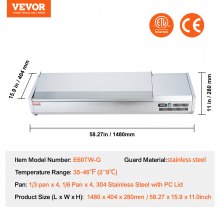 VEVOR Countertop Refrigerated Condiment Station, Prep Station with 4 x 1/3 Pan & 4 x 1/6 Pans, 304 Stainless Steel Body and PC Lid, Sandwich Prep Table with Stainless Steel Guard