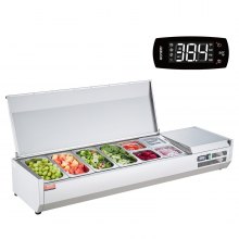 VEVOR Countertop Refrigerated Condiment Station, Prep Station with 4 x 1/3 Pan & 4 x 1/6 Pans, 304 Stainless Steel Body and PC Lid, Sandwich Prep Table with Stainless Steel Guard