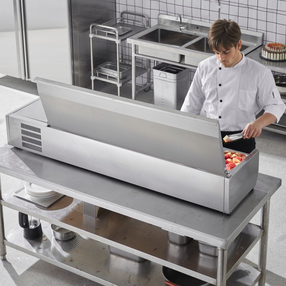 VEVOR Gekoeld aanrecht met kruidenstation, voorbereidingsstation met 5 x 1/3 pannen en 4 x 1/6 pannen, behuizing van roestvrij staal 304 en deksel van PC, voorbereidingstafel voor sandwiches met roestvrijstalen beschermer
