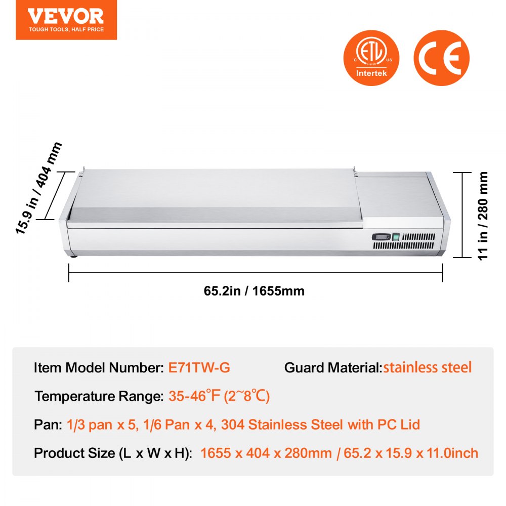 VEVOR Refrigerated Condiment Prep Station, 165 W Countertop Refrigerated Condiment Station, with 5 1/3 Pans & 4 1/6 Pans, 304 Stainless Body and PC Lid, Sandwich Prep Table with Stainless Guard, CE