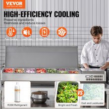 VEVOR Countertop Refrigerated Condiment Station, Prep Station with 5 x 1/3 Pan & 4 x 1/6 Pans, 304 Stainless Steel Body and PC Lid, Sandwich Prep Table with Stainless Steel Guard