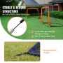 VEVOR portable soccer goal setup, highlighting fiberglass poles, bungee cords, and ground nails for stability.