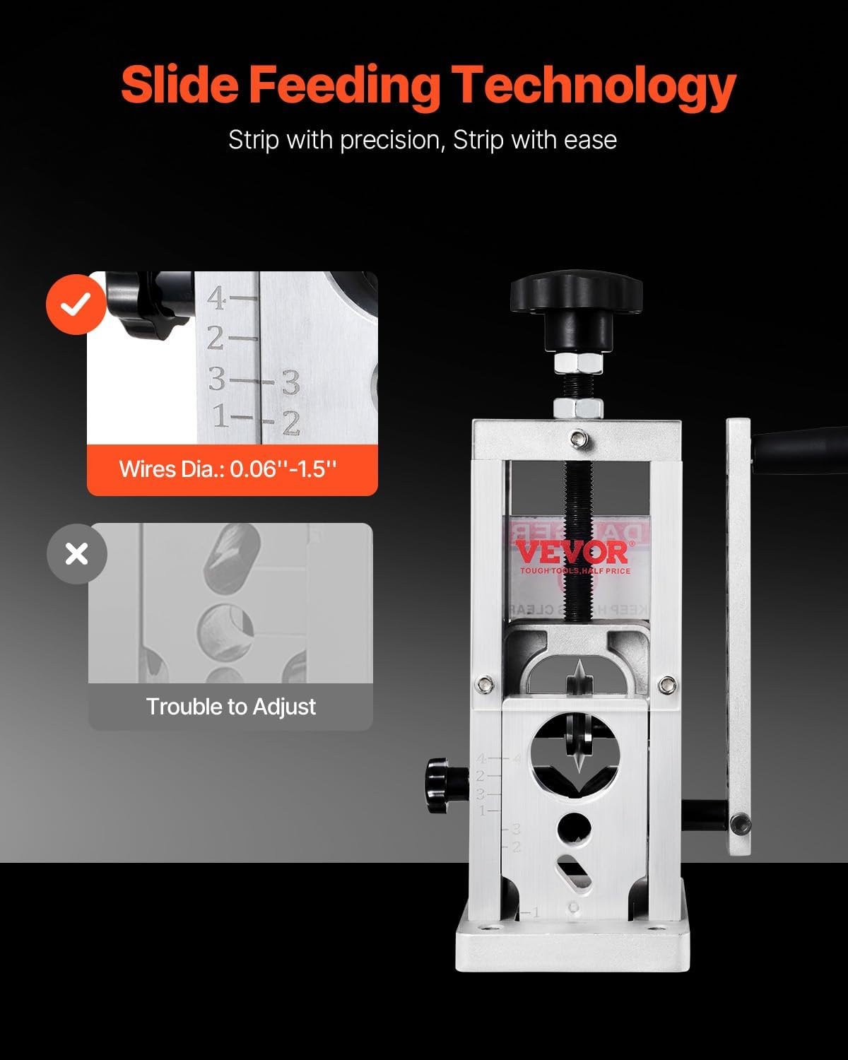 VEVOR Manual Wire Stripping Machine, 0.06''-1.57'' Copper Stripper with Hand Crank or Drill Powered, Visible Stripping Depth Reference, Portable Aluminum Frame Wire Peeler for Scrap Copper Recycling