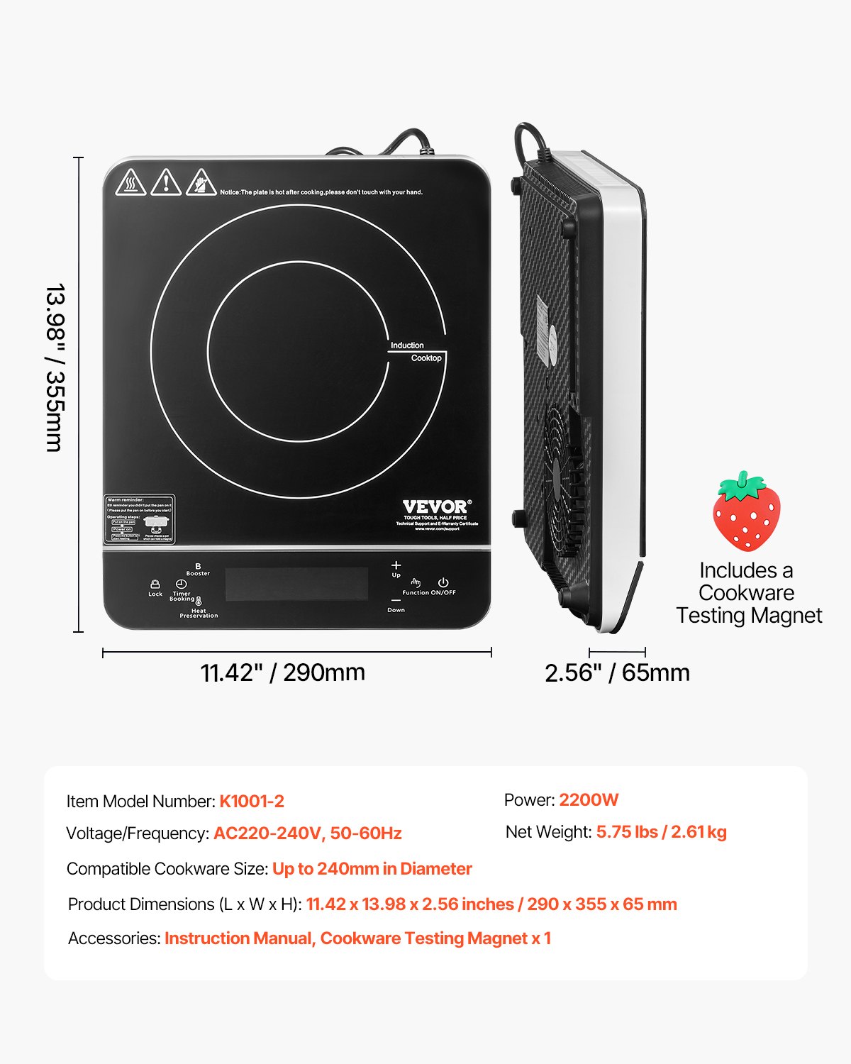VEVOR Portable Induction Cooktop, 2200W Electric Induction Burner with 9 Temperature Settings, Countertop Induction Hot Plate with 4H Timer, 24H Reservation, Child Lock, Easy to Clean, for Cooking