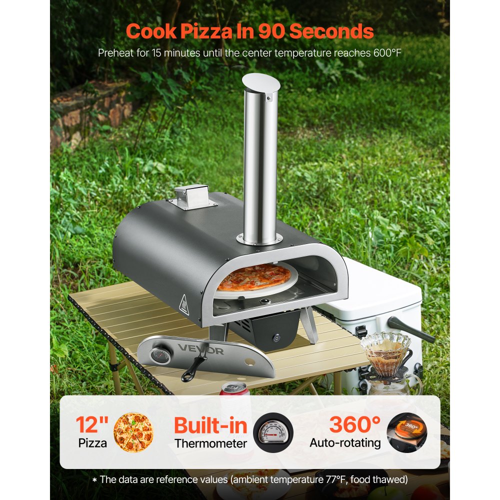 VEVOR Pizzaoven voor buiten 304,8 mm / 12 inch houtoven, pelletpizzaoven met thermometer en elektrische rotatie, draagbare pizzamaker voor kamperen in de tuin, patio, pizzasteen, draagtas, schep