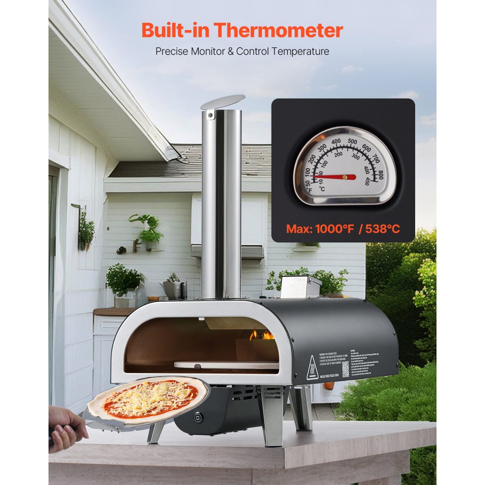 VEVOR Pizzaoven voor buiten 304,8 mm / 12 inch houtoven, pelletpizzaoven met thermometer en elektrische rotatie, draagbare pizzamaker voor kamperen in de tuin, patio, pizzasteen, draagtas, schep
