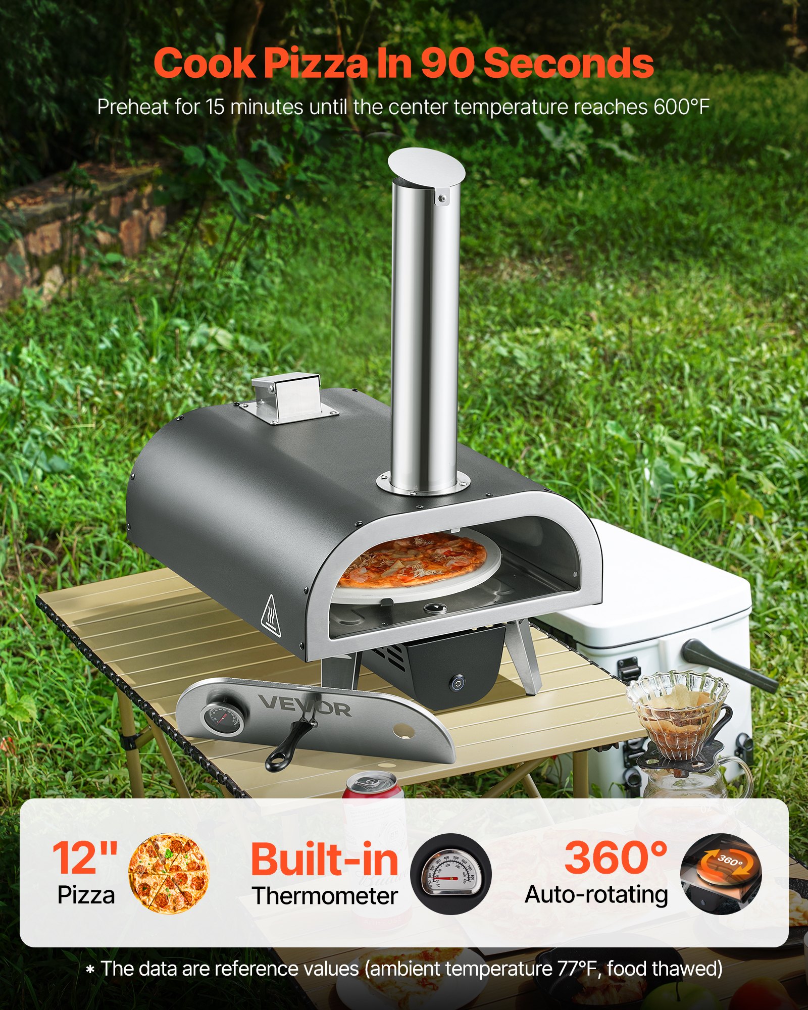 VEVOR Pizzaoven voor buiten 304,8 mm / 12 inch houtoven, pelletpizzaoven met thermometer en elektrische rotatie, draagbare pizzamaker voor kamperen in de tuin, patio, pizzasteen, draagtas, schep