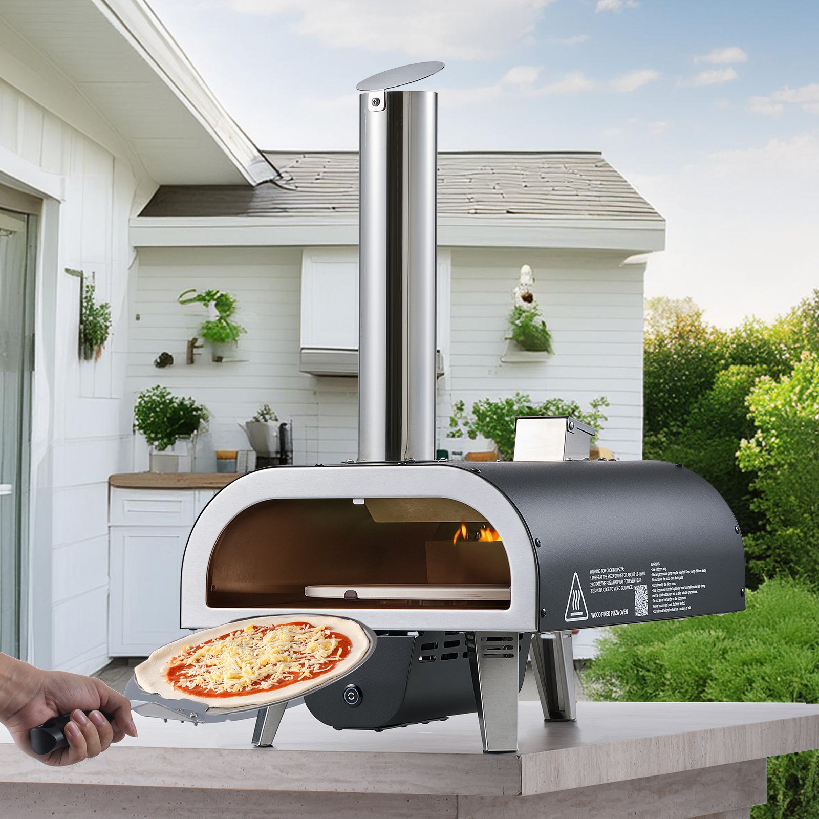 VEVOR Pizzaoven voor buiten 304,8 mm / 12 inch houtoven, pelletpizzaoven met thermometer en elektrische rotatie, draagbare pizzamaker voor kamperen in de tuin, patio, pizzasteen, draagtas, schep