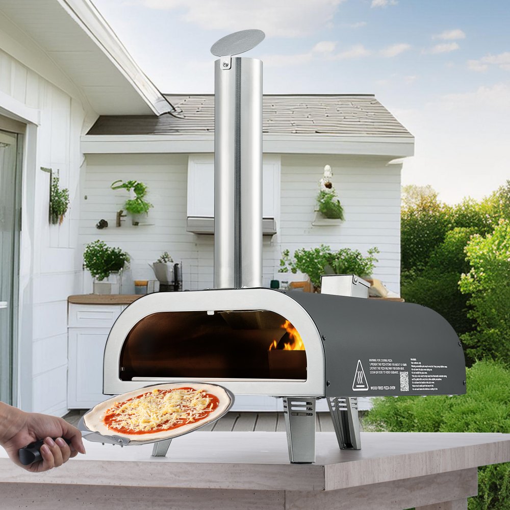 VEVOR Outdoor Pizzaoven 12 inch pelletpizzaoven met ingebouwde thermometer (max. 540 °C), pizzaschep en draagtas, draagbare pizzamaker voor tuin en camping, zilverkleurig