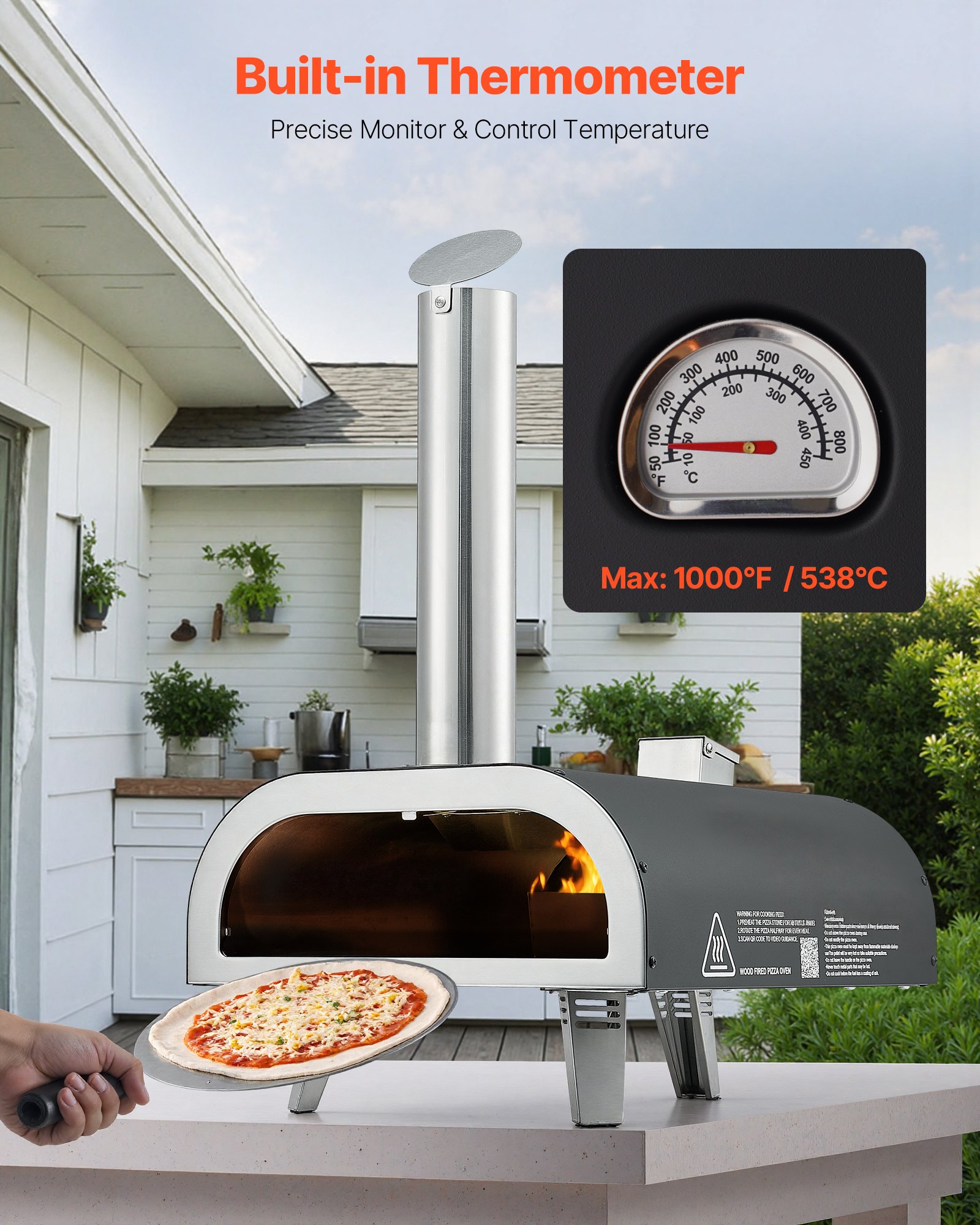 VEVOR Outdoor Pizzaoven 12 inch pelletpizzaoven met ingebouwde thermometer (max. 540 °C), pizzaschep en draagtas, draagbare pizzamaker voor tuin en camping, zilverkleurig