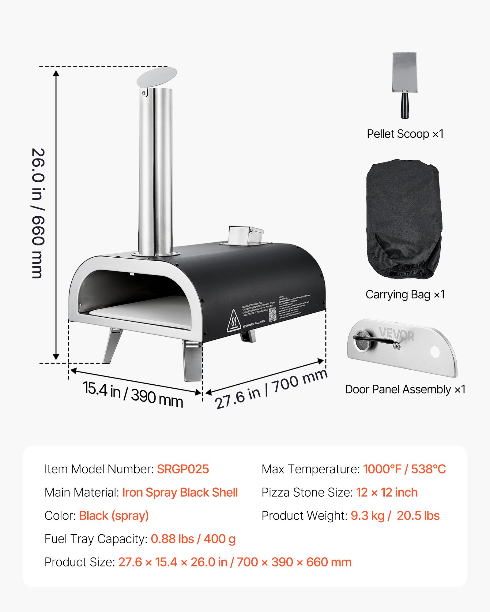 VEVOR Outdoor Pizzaoven 12 inch pelletpizzaoven met ingebouwde thermometer (max. 540 °C), pizzaschep en draagtas, draagbare pizzamaker voor tuin en camping, zilverkleurig