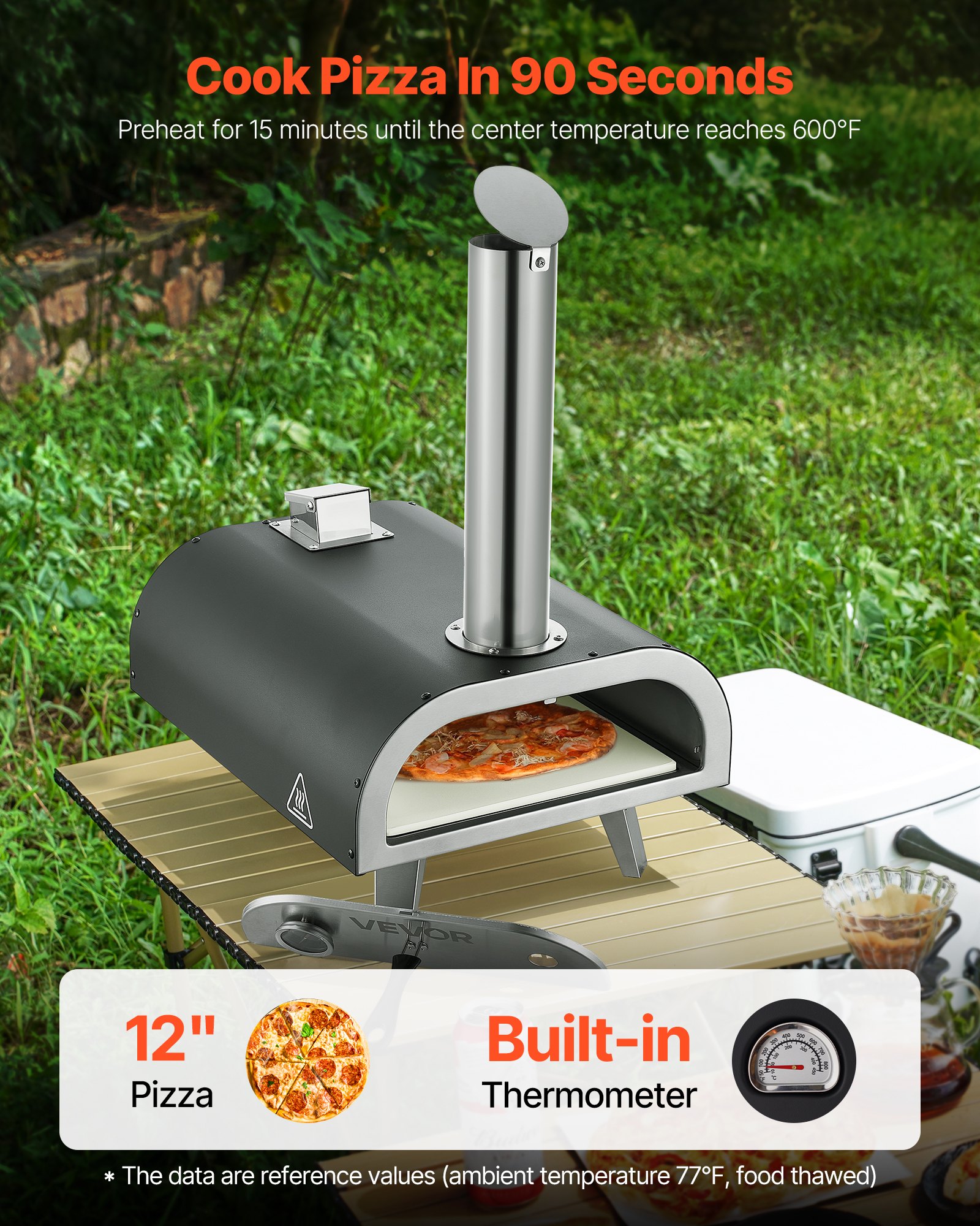 VEVOR Outdoor Pizzaoven 12 inch pelletpizzaoven met ingebouwde thermometer (max. 540 °C), pizzaschep en draagtas, draagbare pizzamaker voor tuin en camping, zilverkleurig