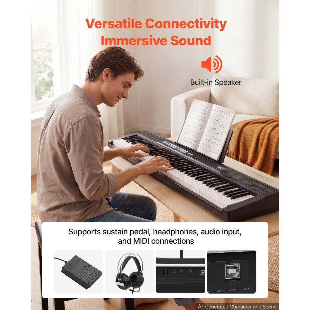 VEVOR Digitale Piano 88 toetsen, semi-gewogen, elektrisch keyboard, geschikt voor beginners en gevorderden, 128 klanken en ritmes, HiFi stereoluidsprekers, pedaal, lessenaar, USB/MIDI