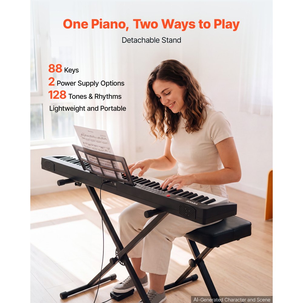 VEVOR 88-toetsen semi-gewogen digitale piano met standaard voor beginners en gevorderden, 128 klanken, 128 ritmes, HiFi stereoluidsprekers, 3,5 mm hoofdtelefoonaansluiting, sustainpedaal
