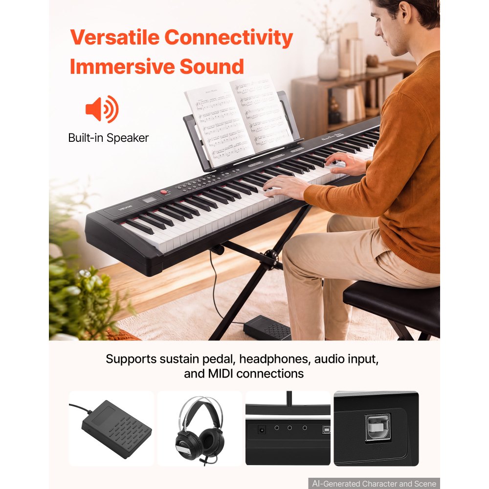 VEVOR 88-toetsen semi-gewogen digitale piano met standaard voor beginners en gevorderden, 128 klanken, 128 ritmes, HiFi stereoluidsprekers, 3,5 mm hoofdtelefoonaansluiting, sustainpedaal