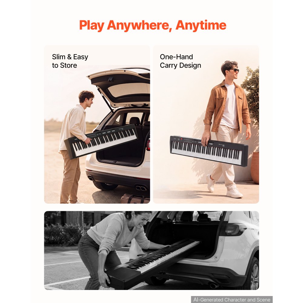 VEVOR 88-toetsen semi-gewogen digitale piano met standaard voor beginners en gevorderden, 128 klanken, 128 ritmes, HiFi stereoluidsprekers, 3,5 mm hoofdtelefoonaansluiting, sustainpedaal