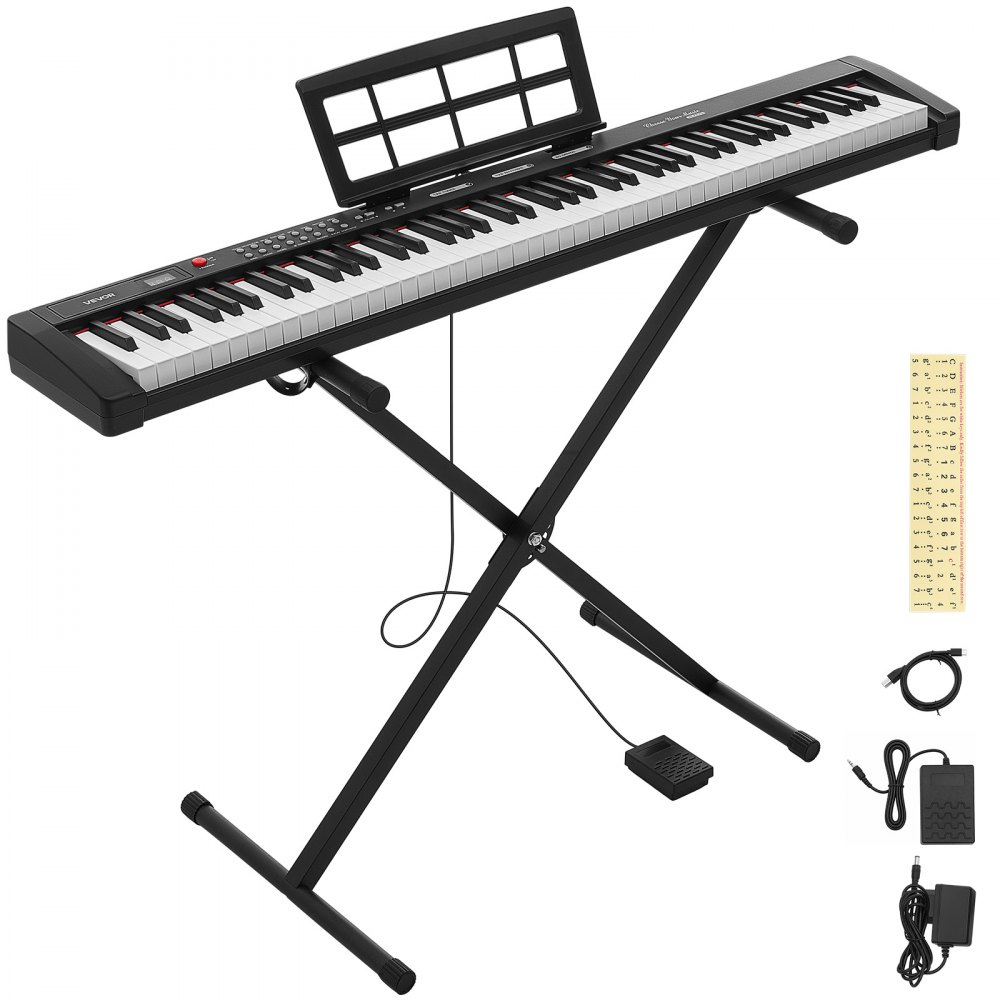 VEVOR 88-toetsen semi-gewogen digitale piano met standaard voor beginners en gevorderden, 128 klanken, 128 ritmes, HiFi stereoluidsprekers, 3,5 mm hoofdtelefoonaansluiting, sustainpedaal
