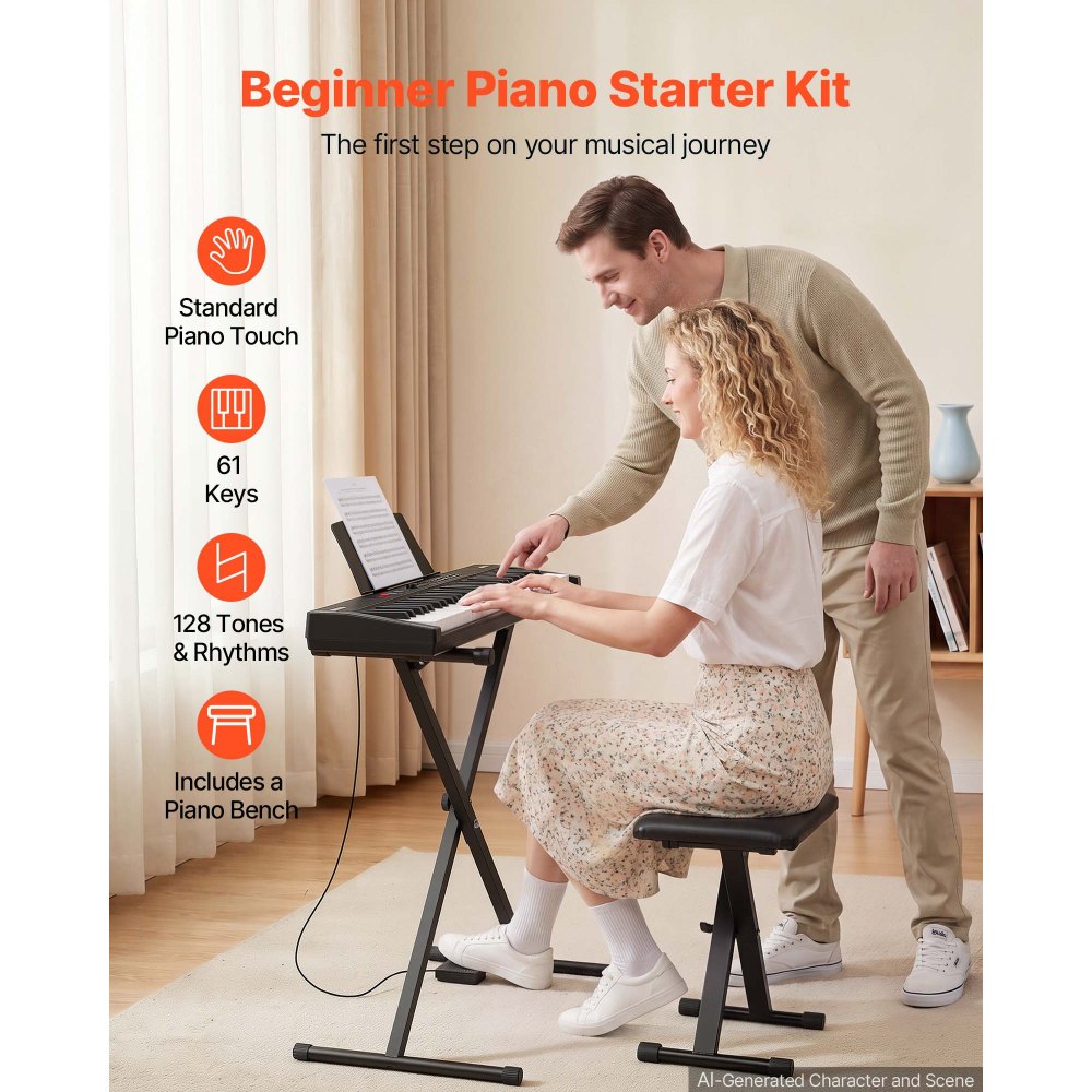 VEVOR Digitale Piano 61 toetsen, semi-gewogen elektrische piano met standaard en pianokruk, 128 klanken, 128 ritmes, HiFi stereoluidsprekers, 3,5 mm hoofdtelefoonaansluiting, sustainpedaal, USB/MIDI en lessenaar.