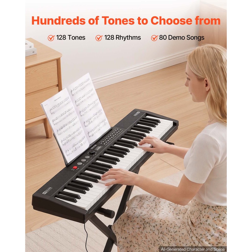 VEVOR Digitale Piano 61 toetsen, semi-gewogen elektrische piano met standaard en pianokruk, 128 klanken, 128 ritmes, HiFi stereoluidsprekers, 3,5 mm hoofdtelefoonaansluiting, sustainpedaal, USB/MIDI en lessenaar.