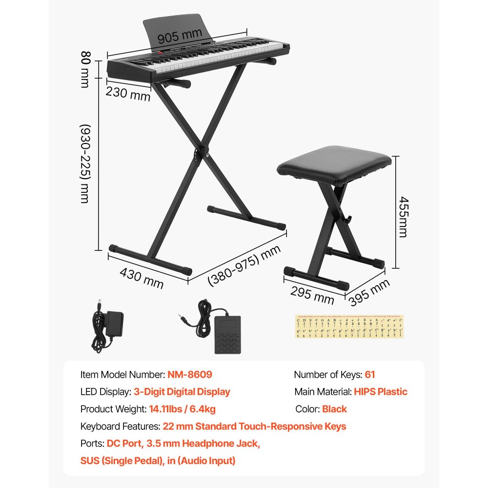 VEVOR Digitale Piano 61 toetsen, semi-gewogen elektrische piano met standaard en pianokruk, 128 klanken, 128 ritmes, HiFi stereoluidsprekers, 3,5 mm hoofdtelefoonaansluiting, sustainpedaal, USB/MIDI en lessenaar.