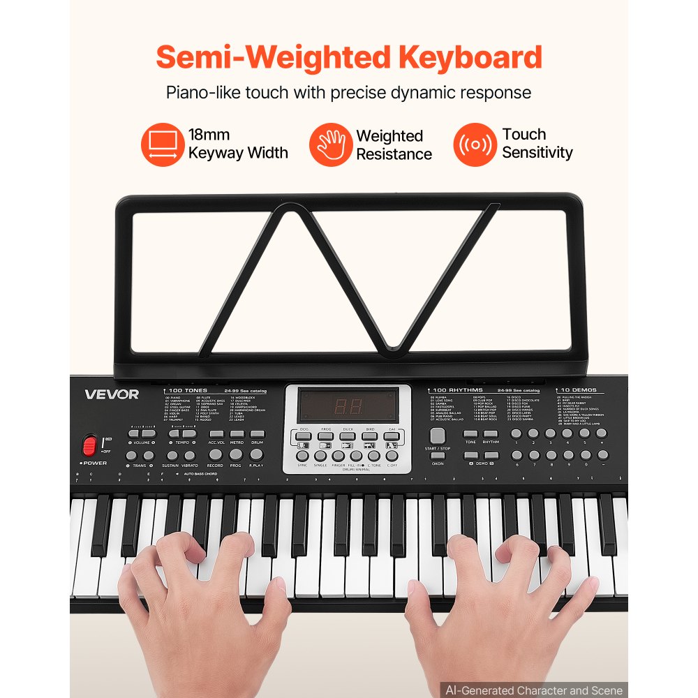 VEVOR Digitale Piano met 61 toetsen, semi-gewogen, elektrisch keyboard voor beginners en muziekliefhebbers, 100 geluiden en ritmes, met HiFi stereoluidsprekers, lessenaar en USB/MIDI-aansluiting.