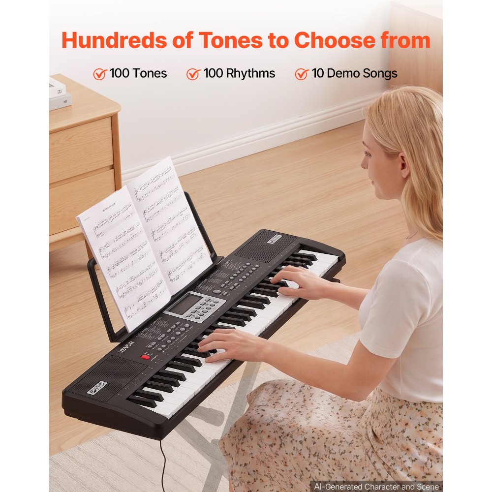 VEVOR Digitale Piano met 61 toetsen, semi-gewogen, elektrisch keyboard voor beginners en muziekliefhebbers, 100 geluiden en ritmes, met HiFi stereoluidsprekers, lessenaar en USB/MIDI-aansluiting.