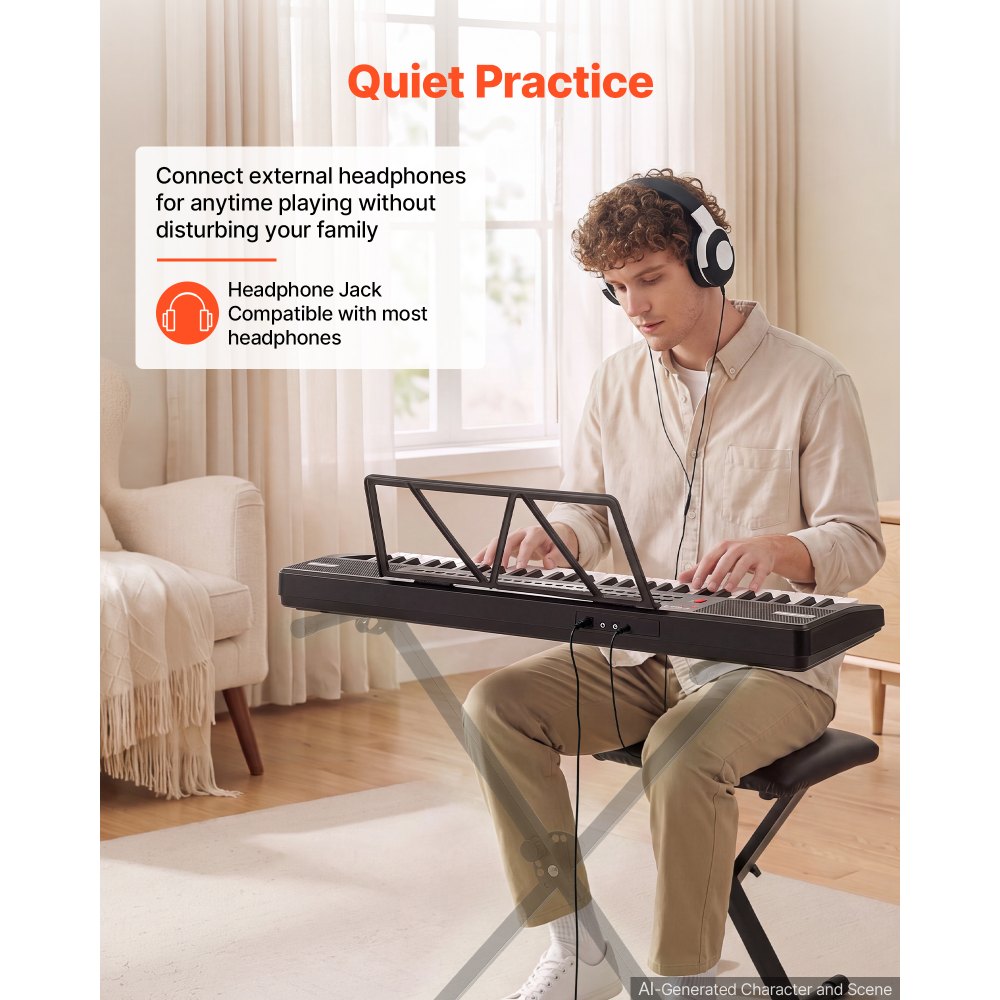 VEVOR Digitale Piano met 61 toetsen, semi-gewogen, elektrisch keyboard voor beginners en muziekliefhebbers, 100 geluiden en ritmes, met HiFi stereoluidsprekers, lessenaar en USB/MIDI-aansluiting.