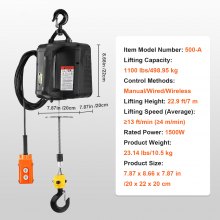 VEVOR 3 in 1 elektrische lier 498,95 kg draagvermogen kabeltakel hefsnelheid ≥4 m/min motorlier 7 m hefhoogte kabeltakel 1500 W kabeltakel 3 bedieningsmodi handmatig/bedraad/draadloos