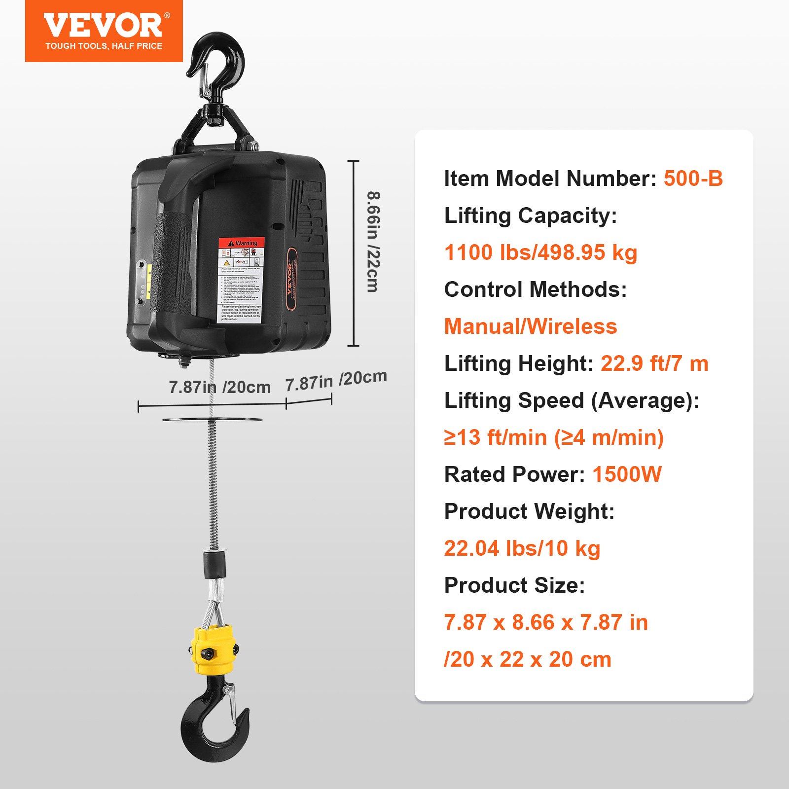 VEVOR 2 in 1 elektrische lier 498,95 kg hefvermogen kabeltakel Hefsnelheid ≥ 4 m/min Motorlier 7 m hefhoogte kabeltakel 1500 W kabeltakel 2 bedieningsmodi handmatig/draadloos