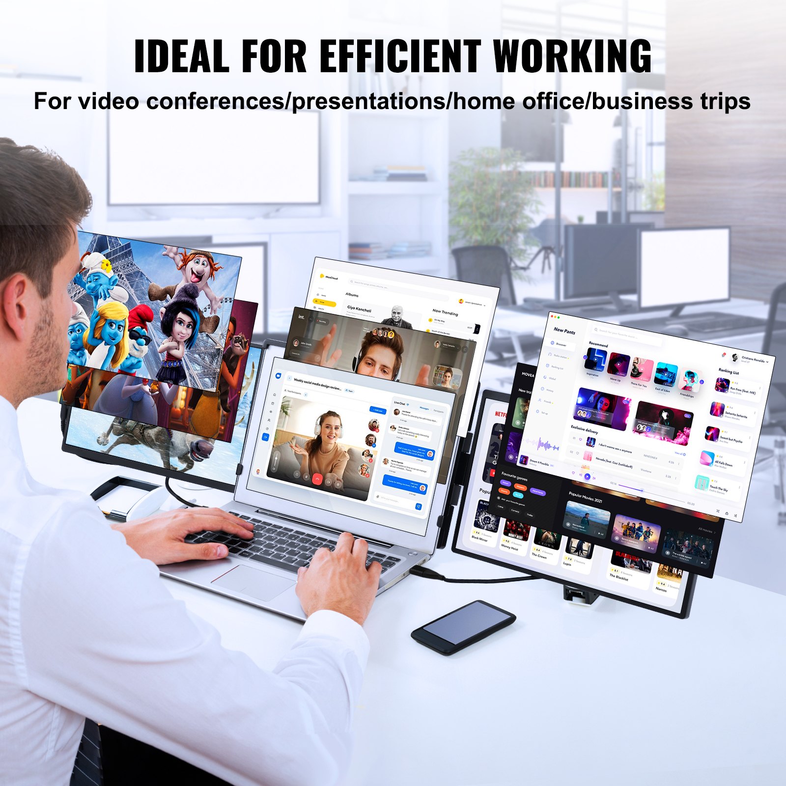 VEVOR Draagbare Laptop Scherm Extender, 14 inch FHD 1080P IPS Triple Extension Monitor voor 13-17 inch Laptops, Draaibare Draagbare Monitor met USB-C/USB-A/Mini HDMI Poort, Compatibel met Mac/Wins/Android/Switch/PS5