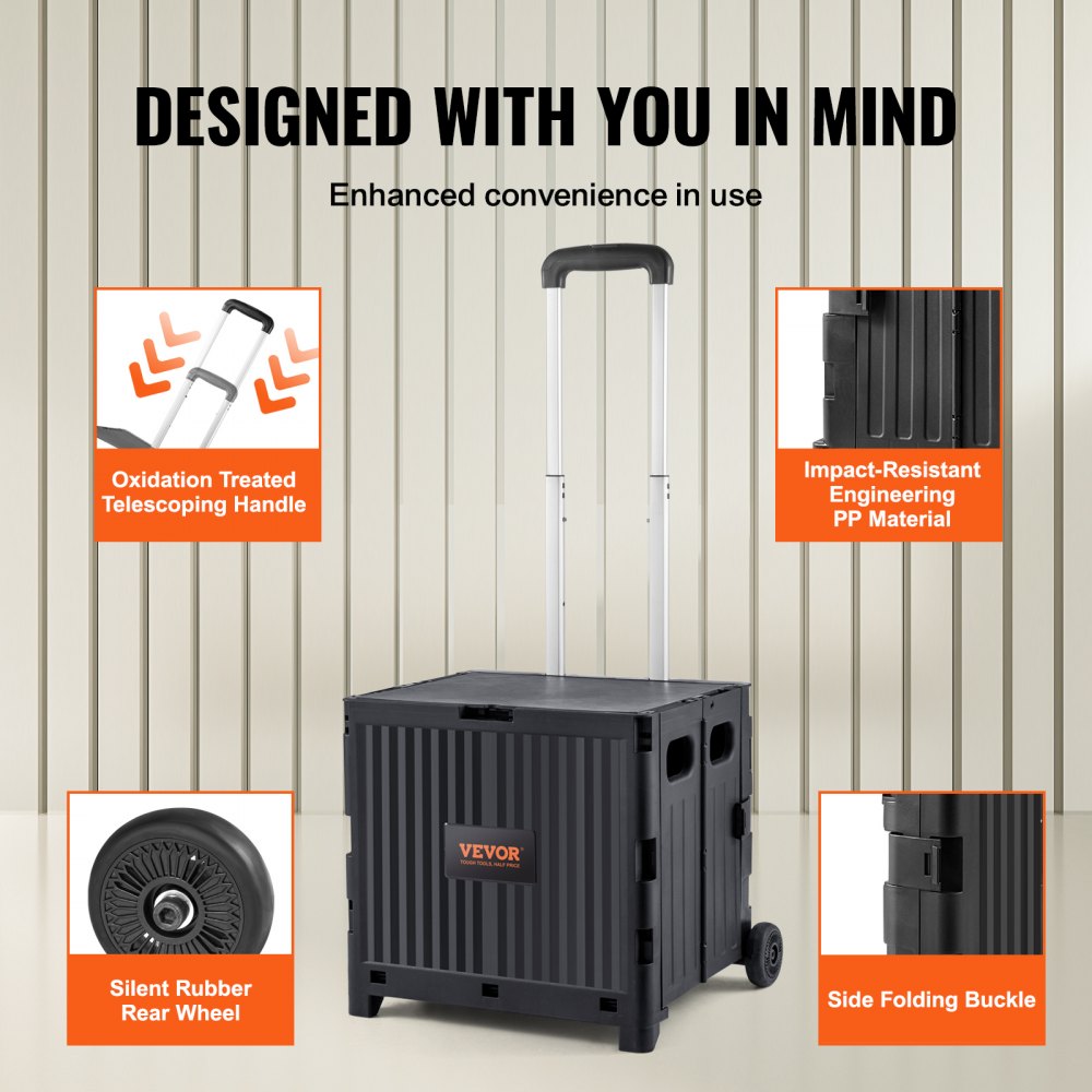 VEVOR Boodschappentrolley Opvouwbaar 24,9 kg (Dynamisch) / 36,2 kg (Statisch) Trolley van PP-mand en robuuste rubberen wielen Boodschappenmand Boodschappentrolley Opvouwbare box met wielen bedwingt alle soorten terrein